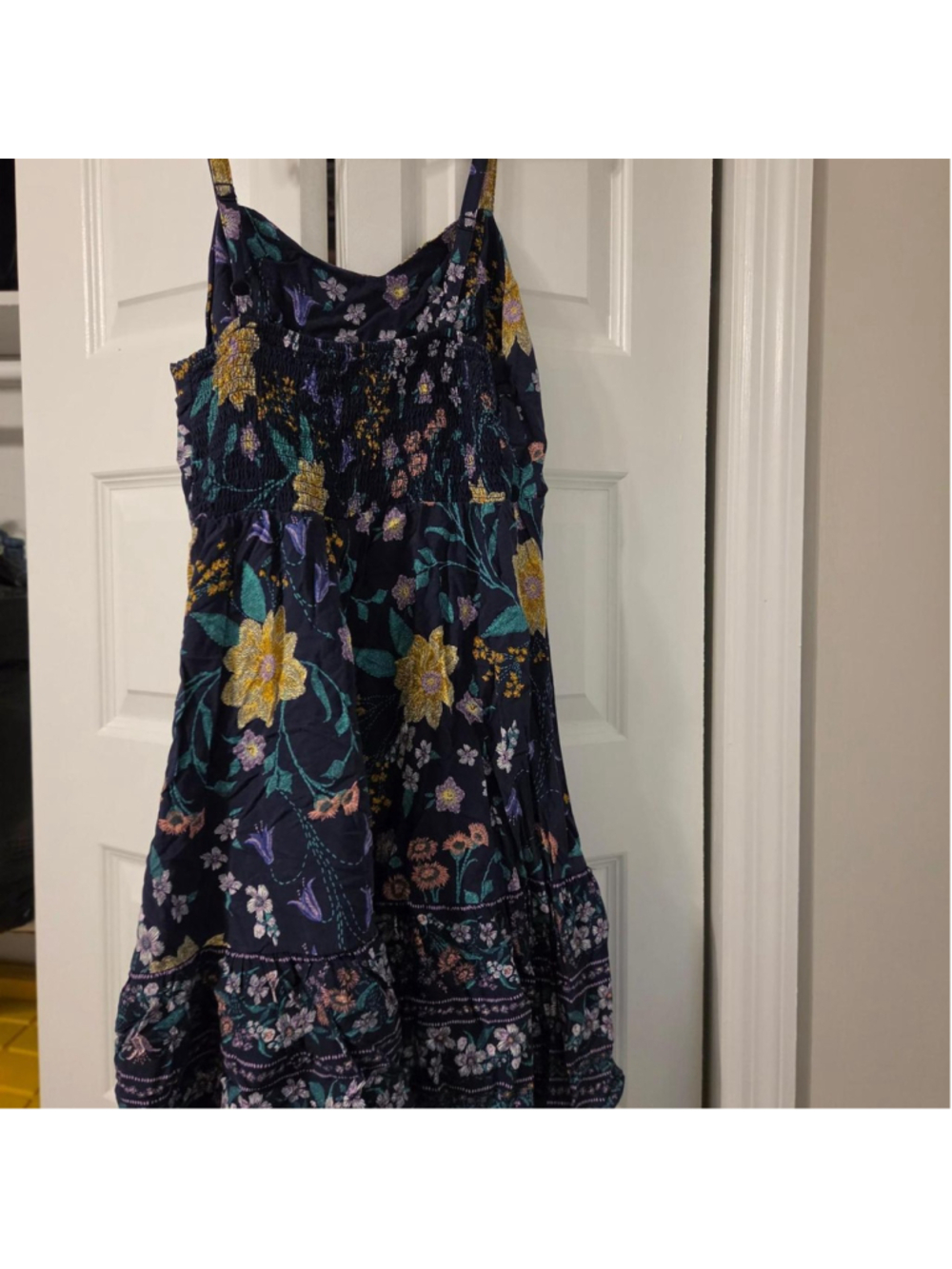 Old Navy floral mini dress with yellow, pink, and purple flowers on a dark backg - Picture 3 of 3